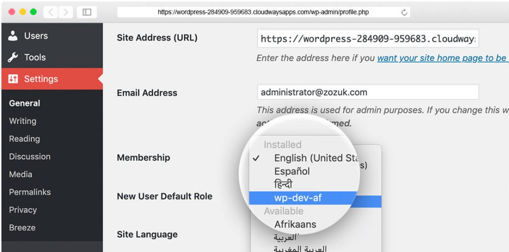 Changing WordPress site language